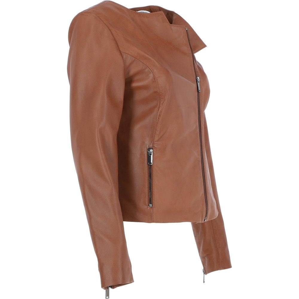 Ladies Tan Collarless Side Zip Fashion Leather Jacket
