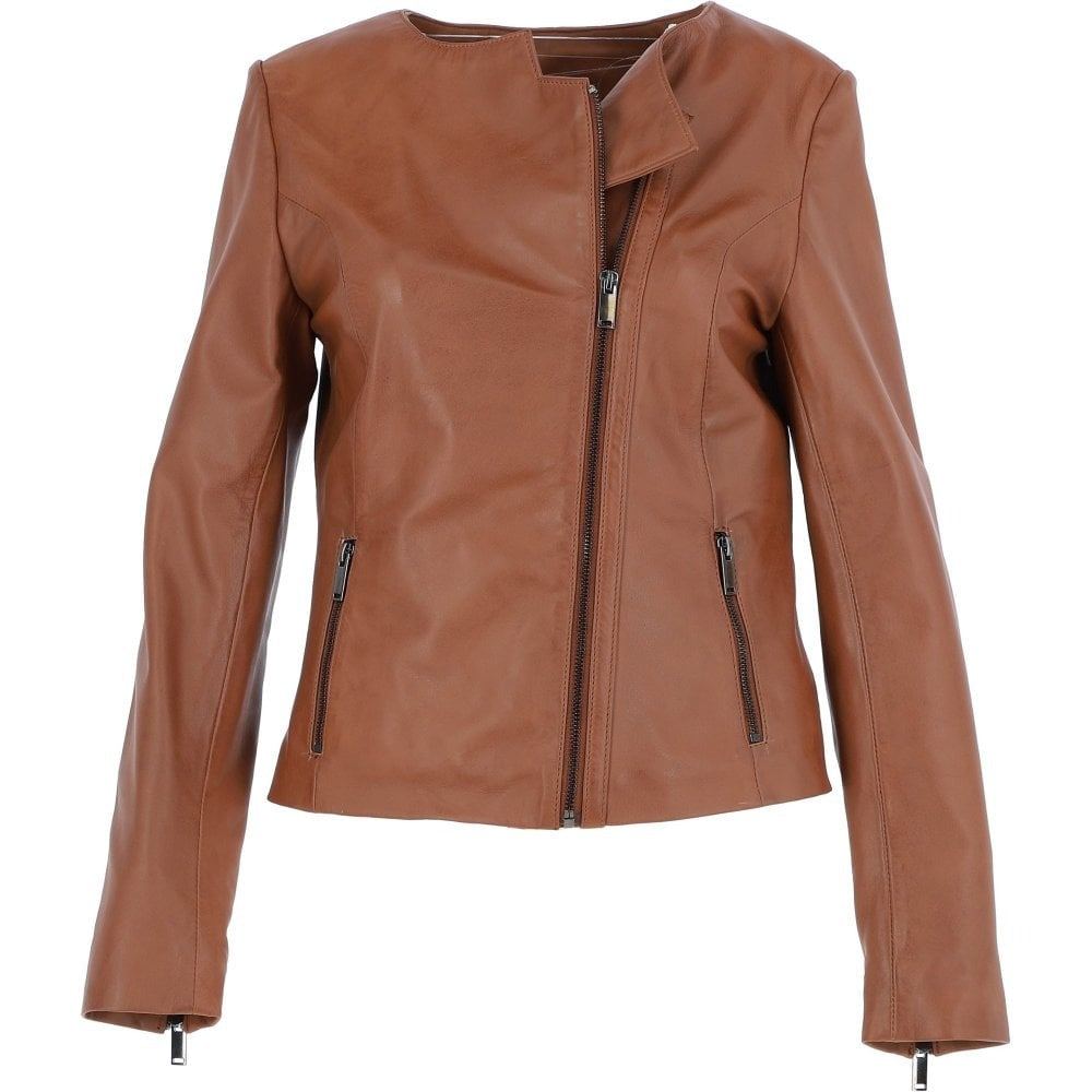Ladies Tan Collarless Side Zip Fashion Leather Jacket