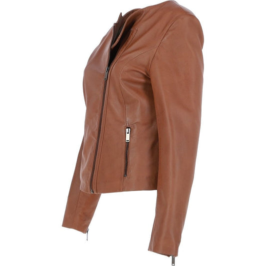 Ladies Tan Collarless Side Zip Fashion Leather Jacket