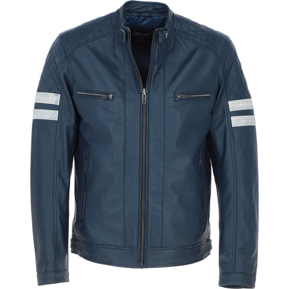 Men's Leather Biker Jacket with Bold Contrasting Stripe Navy