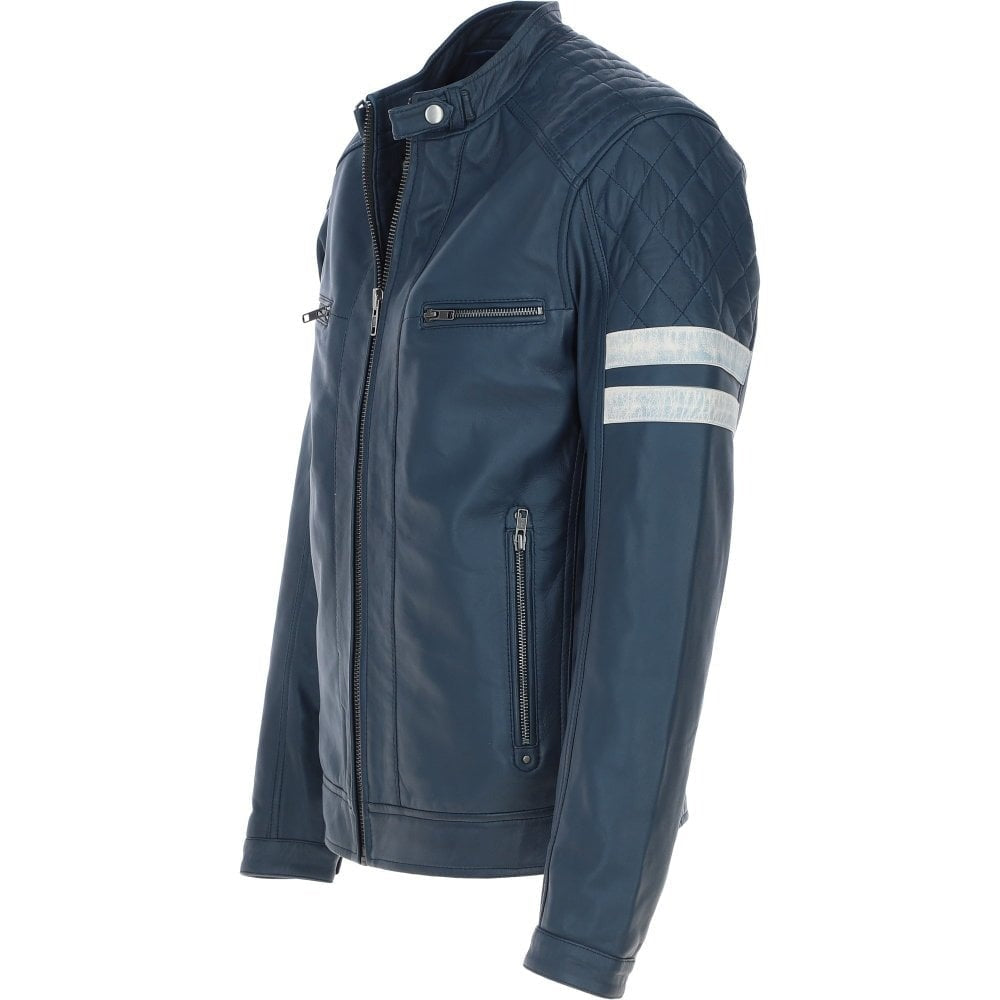 Men's Leather Biker Jacket with Bold Contrasting Stripe Navy