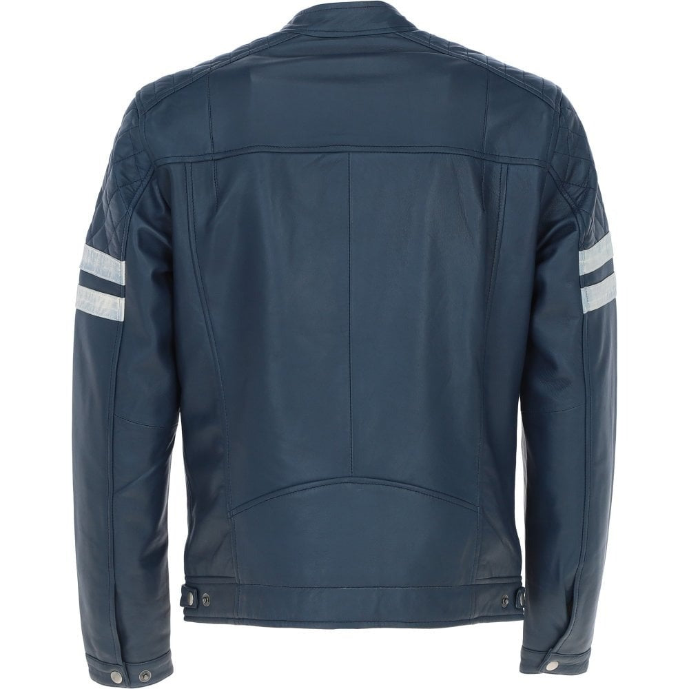 Men's Leather Biker Jacket with Bold Contrasting Stripe Navy