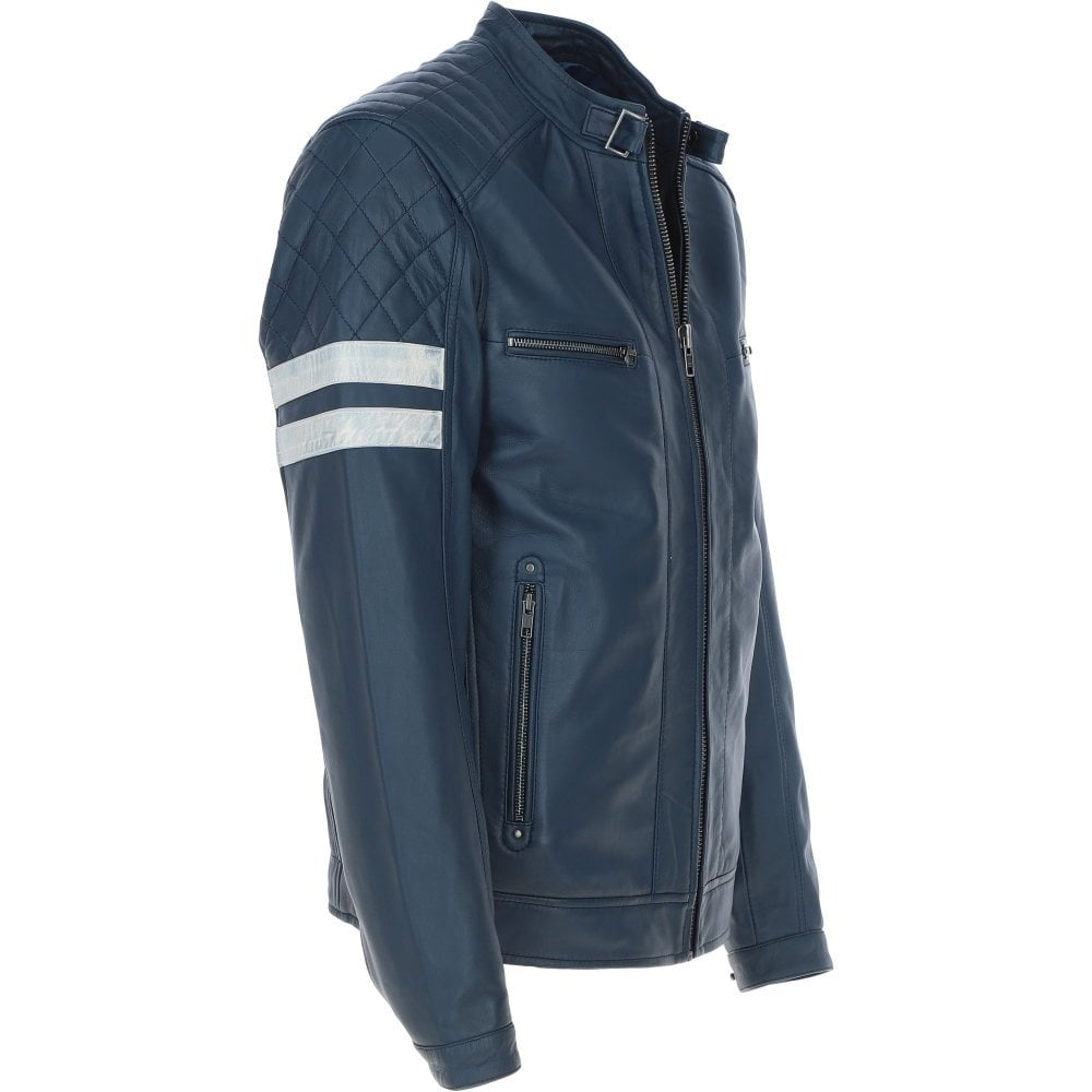 Men's Leather Biker Jacket with Bold Contrasting Stripe Navy